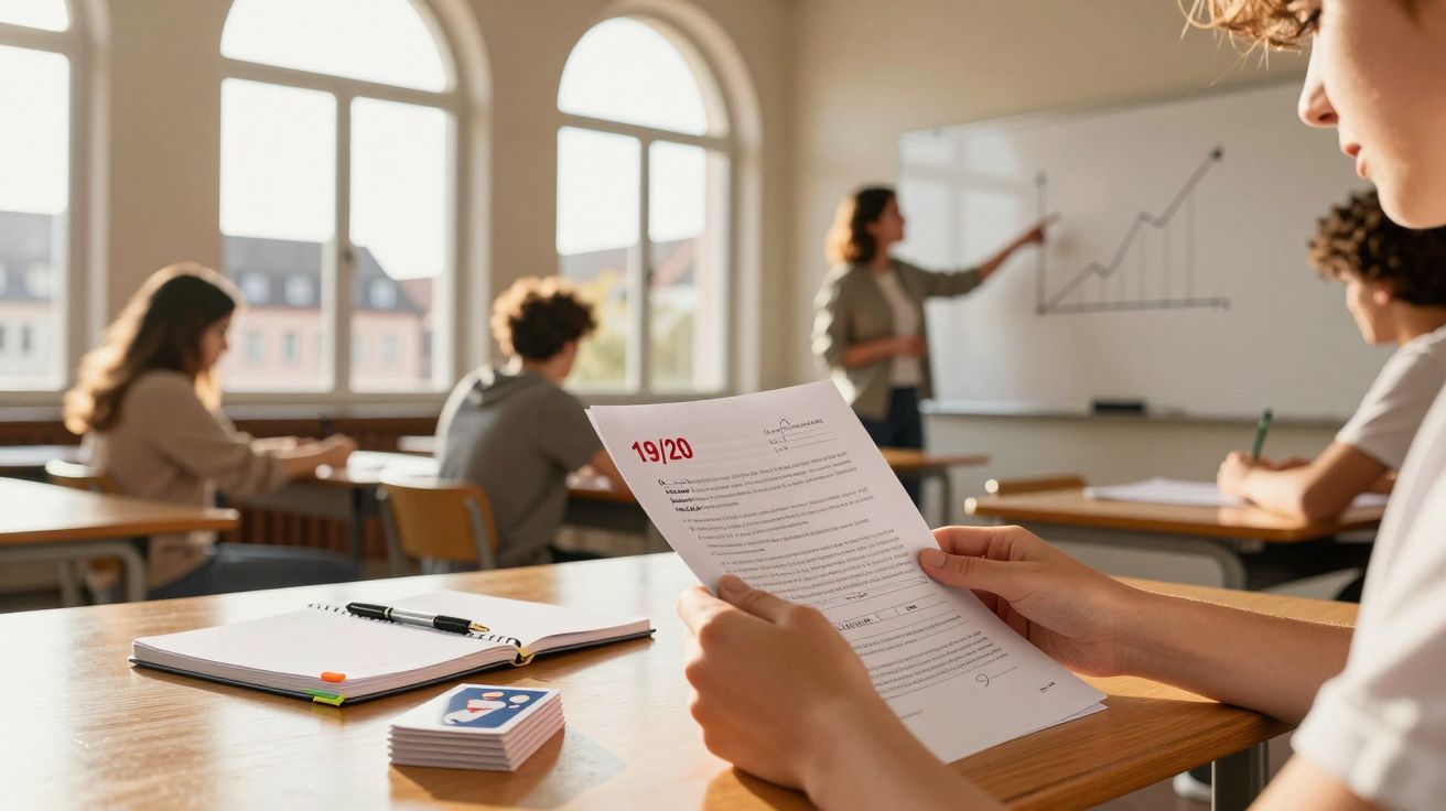 Aluno, numa sala de aula, segura num teste com 19/20 enquanto um professor aponta para um gráfico no quadro branco.