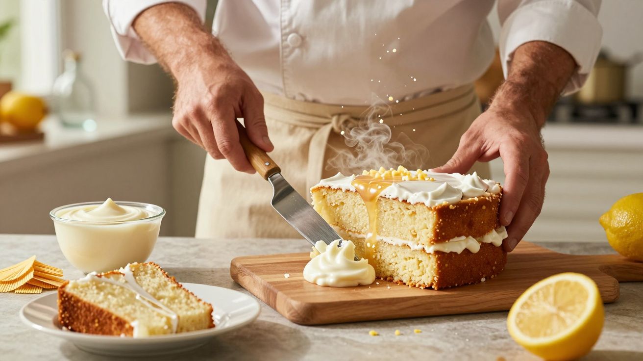 Homem a cortar bolo de limão em bancada de cozinha, com creme e limões ao redor.