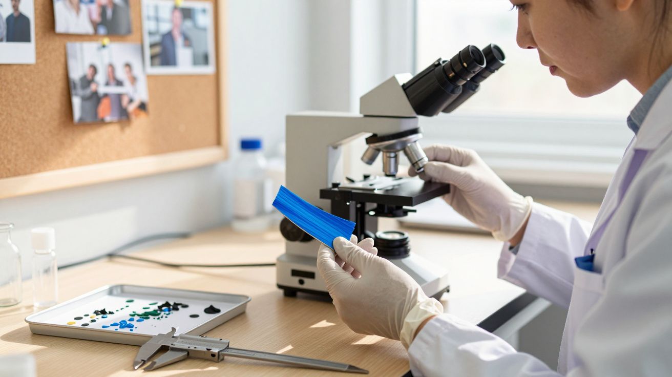 Cientista analisa amostra azul sob microscópio em laboratório, com bandeja de amostras ao lado.
