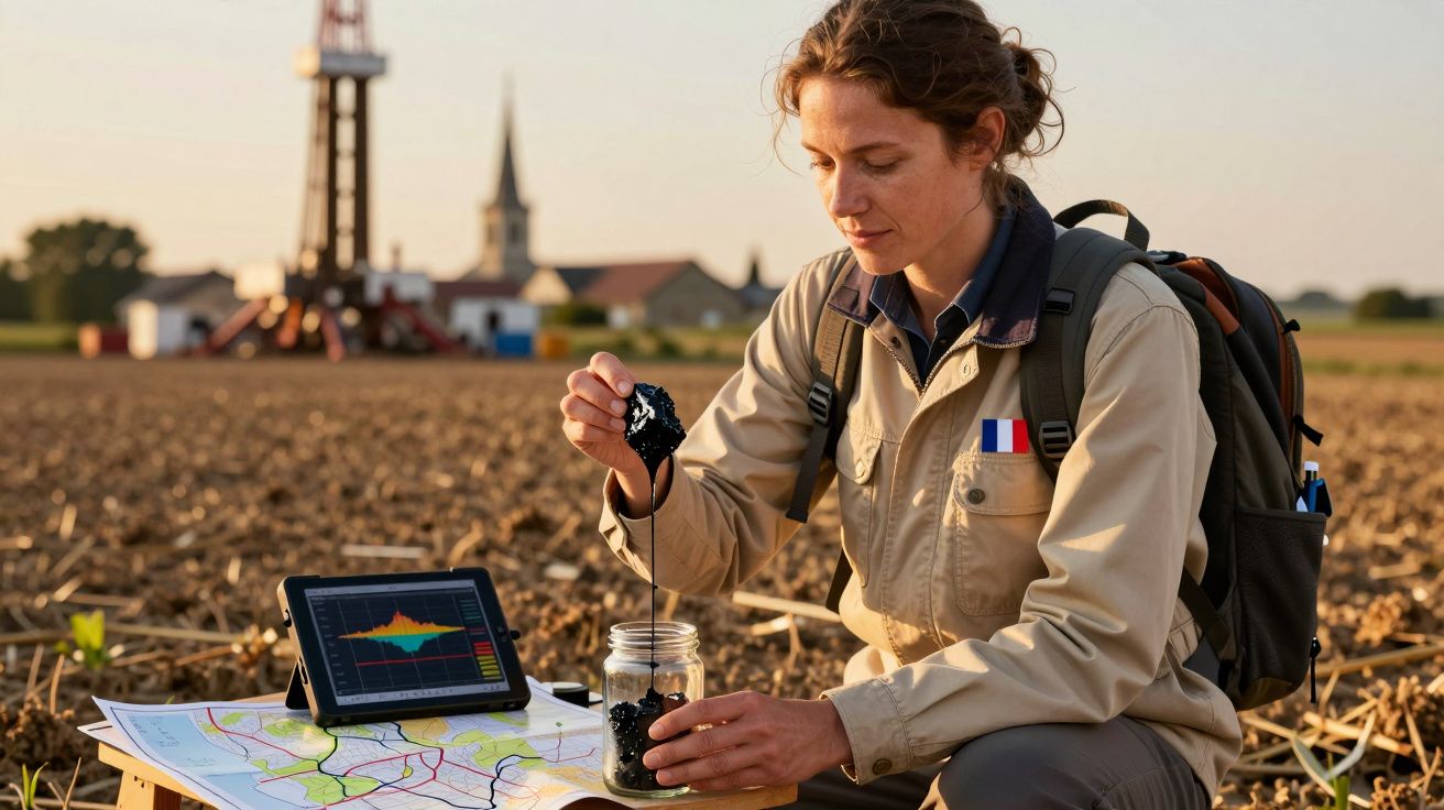 Cientista analisando solo em campo com tablet e mapa. Ao fundo, torre de perfuração e edifícios.