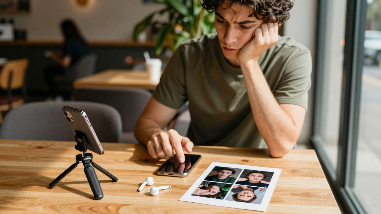 Jovem sentado em café, olhando para fotos impressas com smartphone, auriculares e suporte ao lado.