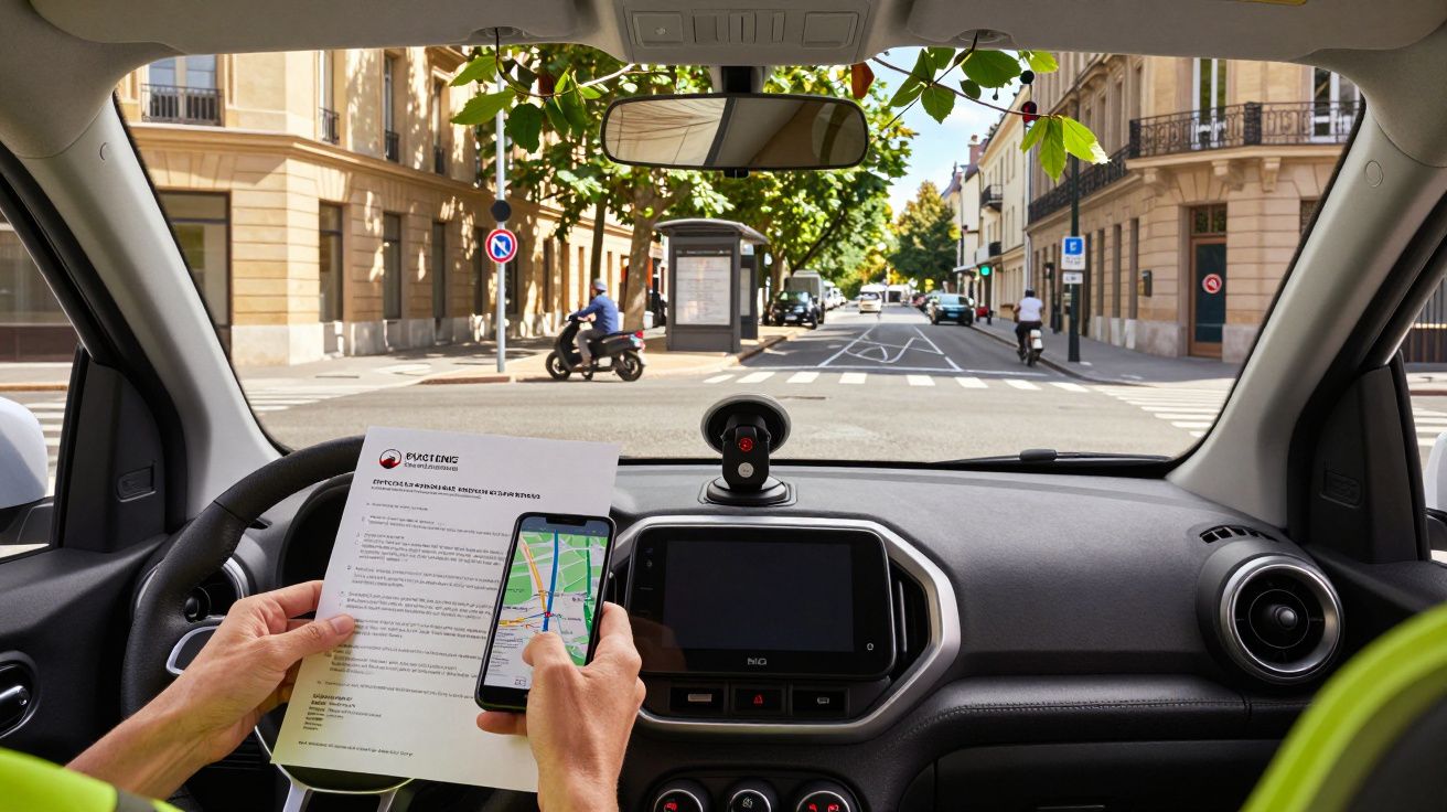 Pessoa no carro segura um telemóvel com mapa e um documento. Vista de uma rua movimentada à frente.