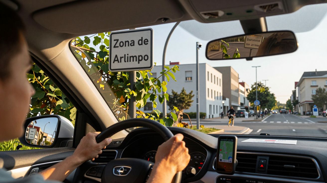 Pessoa conduzindo carro numa zona urbana, com um sinal a indicar "Zona de Arlimpo" ao lado da estrada.