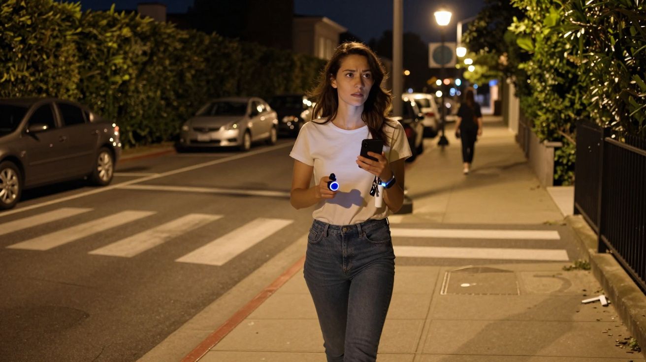 Mulher caminha à noite na rua, segurando um telefone e um dispositivo luminoso.