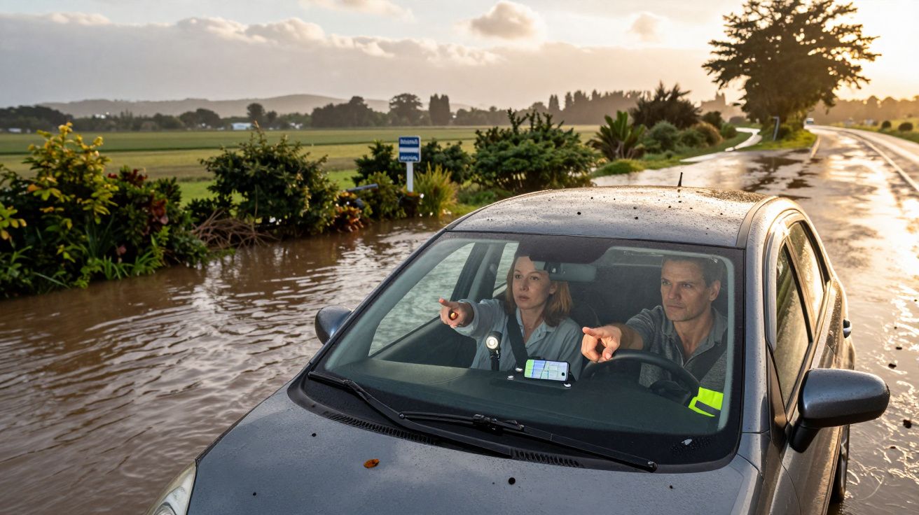 Carro parado em estrada inundada, com dois ocupantes no interior olhando e apontando à frente, ao entardecer.