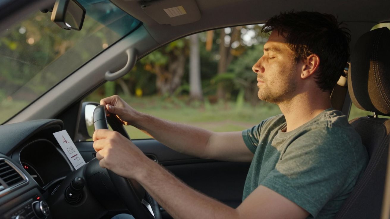 Homem de olhos fechados ao volante, sentado num carro estacionado em ambiente natural.