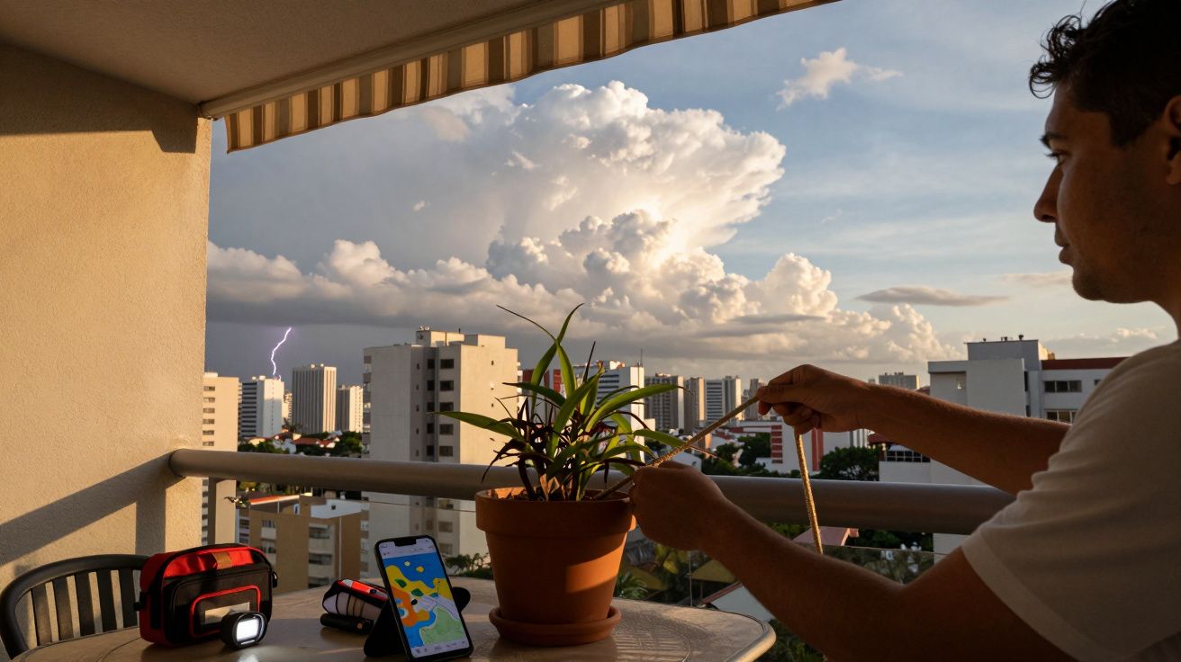 Homem mede planta em varanda com relâmpago ao fundo; tablet e bolsa vermelha sobre a mesa.