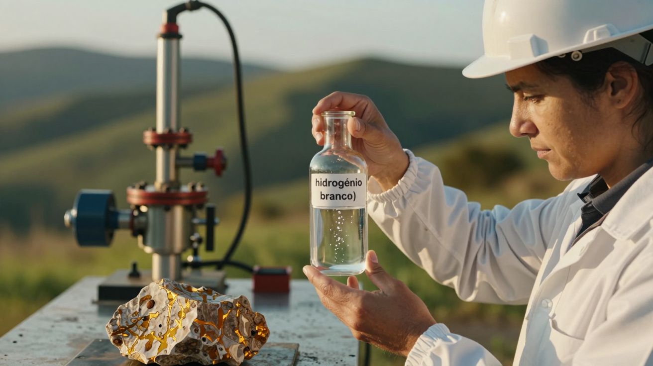 Cientista analisa frasco de "hidrogénio branco" ao ar livre, com equipamento de laboratório e amostra de rocha na mesa.