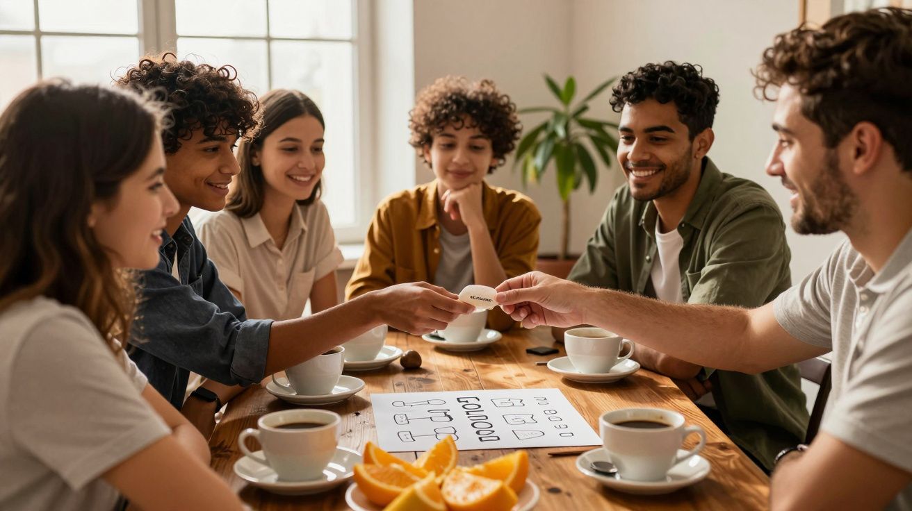 Grupo de jovens a tomar café e a jogar um jogo de tabuleiro numa mesa com laranjas e plantas ao fundo.