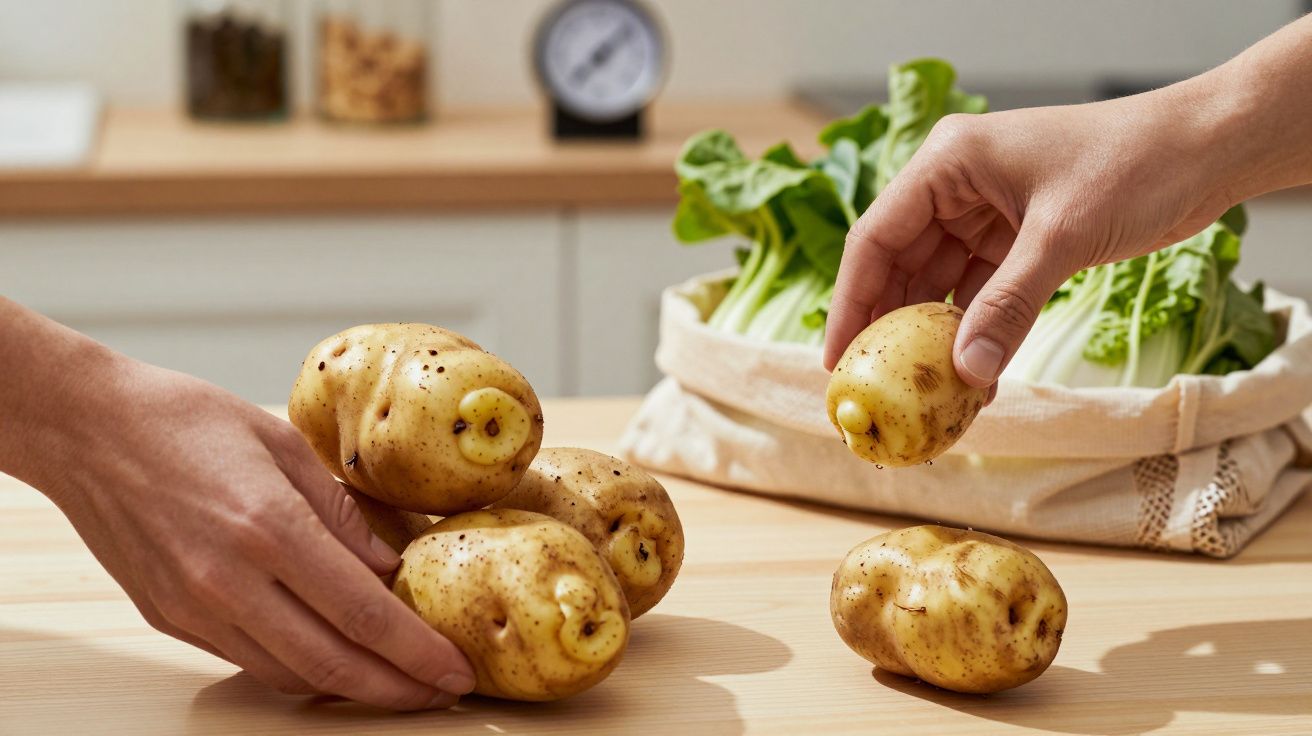 Duas mãos seguram batatas em cima de uma mesa de madeira, com um saco de vegetais ao fundo na cozinha.