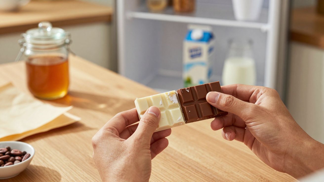 Mãos segurando barra de chocolate branco e negro na cozinha, com frigorífico e mel ao fundo.