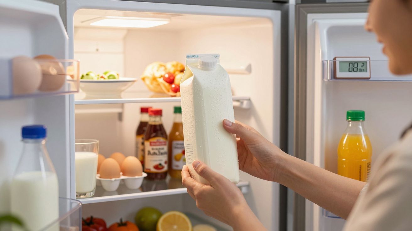 Pessoa a pegar uma embalagem de leite num frigorífico aberto, cheio de ovos, bebidas e frutas.