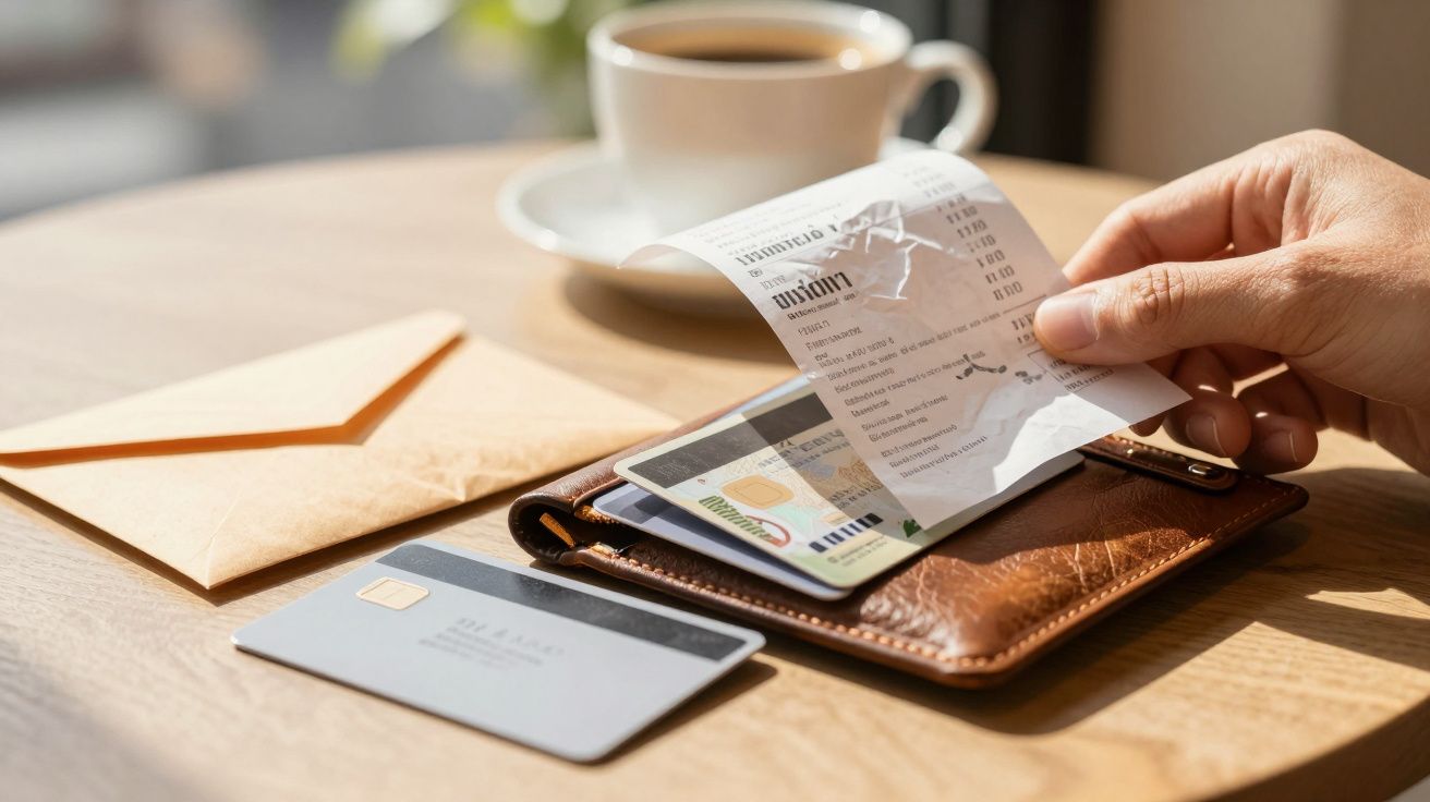 Mão segurando recibo sobre carteira aberta com cartões, envelope e café sobre mesa de madeira.