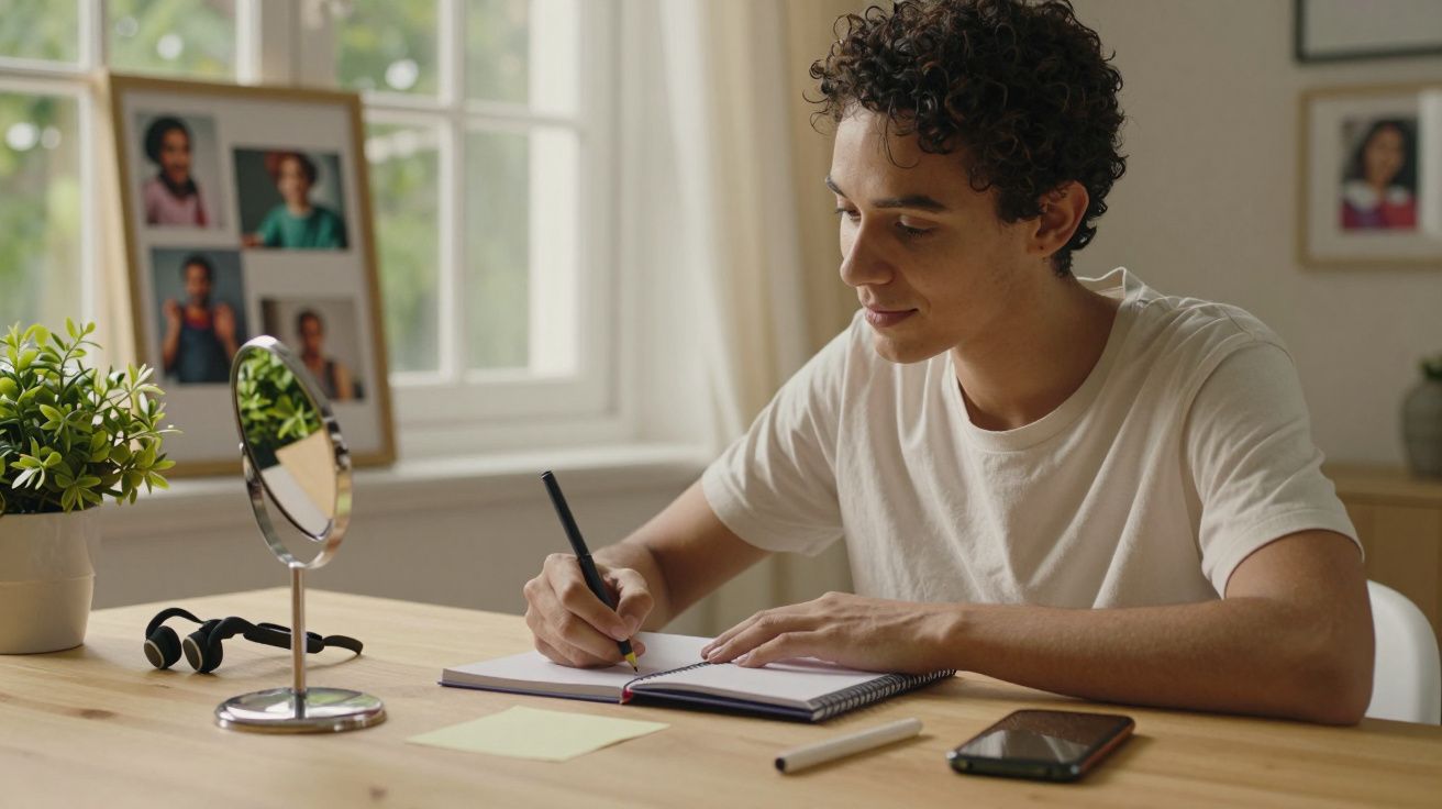 Jovem sentado à secretária, escrevendo num caderno, com um smartphone e uma planta ao lado.