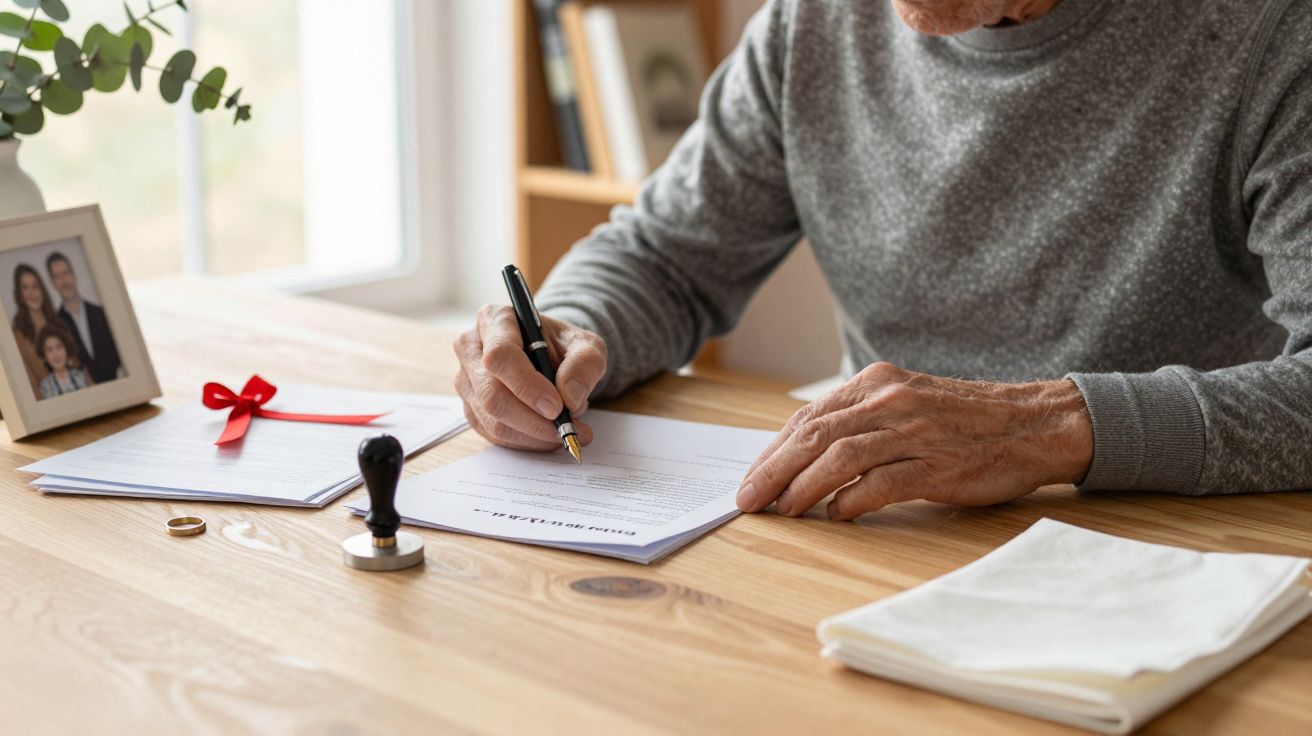 Pessoa idosa a assinar documentos numa mesa de madeira, com foto de família ao lado.