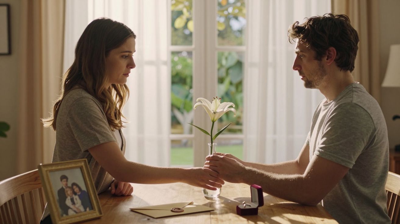 Homem e mulher trocam olhar sério à mesa, com flor branca e caixa de anel entre eles. Foto de família ao lado.