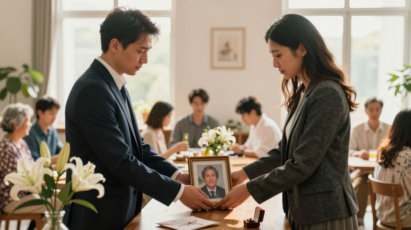 Duas pessoas partilham uma foto em moldura num velório, com pessoas ao fundo e flores na mesa.