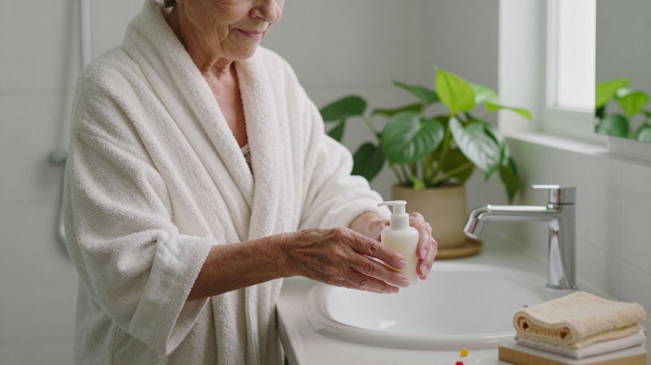 Mulher idosa em roupão branco usando dispensador de sabão junto ao lavatório, com plantas ao fundo.