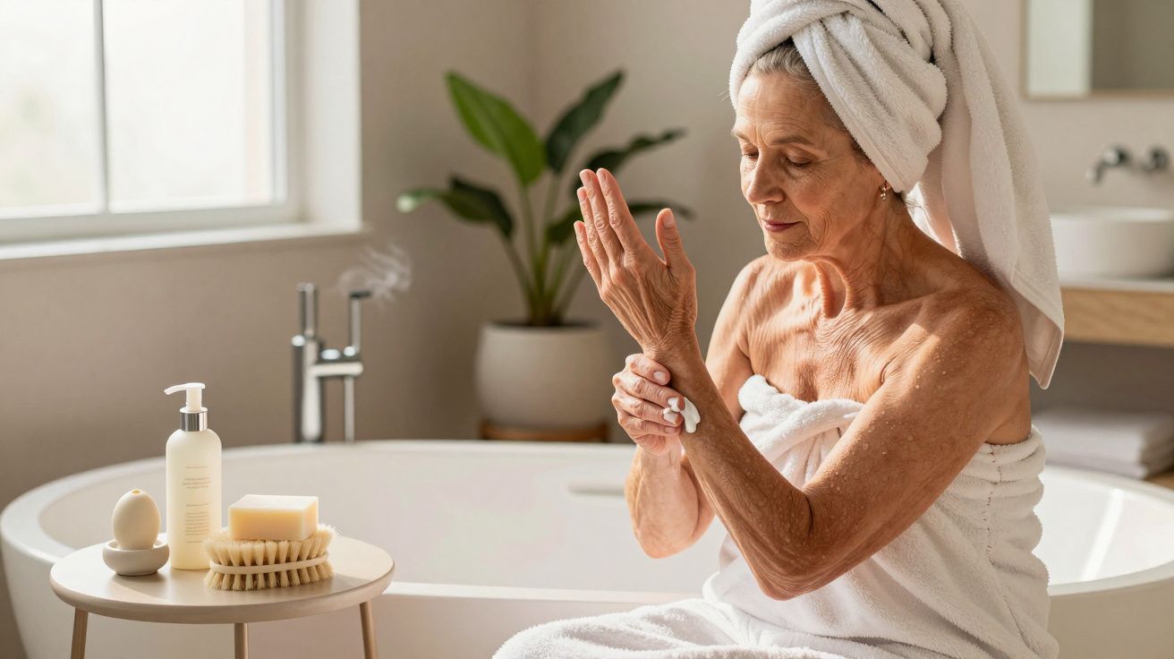 Mulher idosa aplica creme nas mãos em casa de banho, vestida com toalha e turbante, junto a banheira e mesa com produtos.