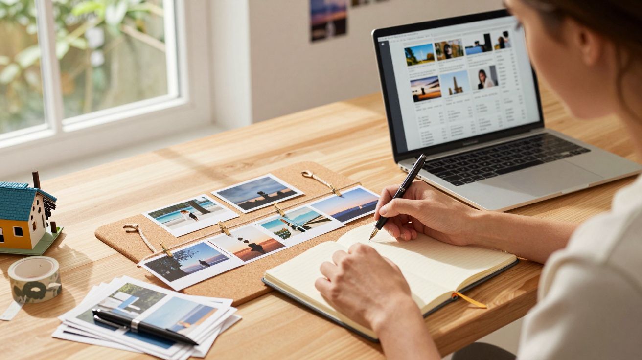 Pessoa a escrever num caderno, com laptop aberto e fotos dispostas numa mesa perto de uma janela iluminada.