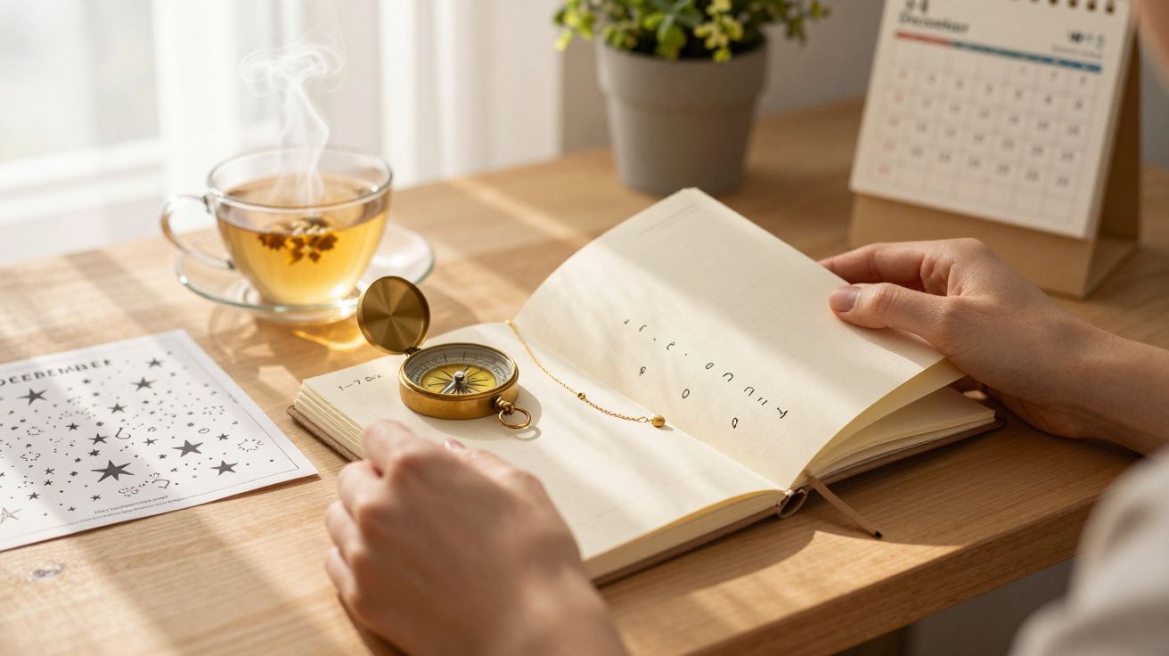 Pessoa a folhear um caderno com uma bússola, chá fumegante, planta e calendário sobre uma mesa iluminada pelo sol.