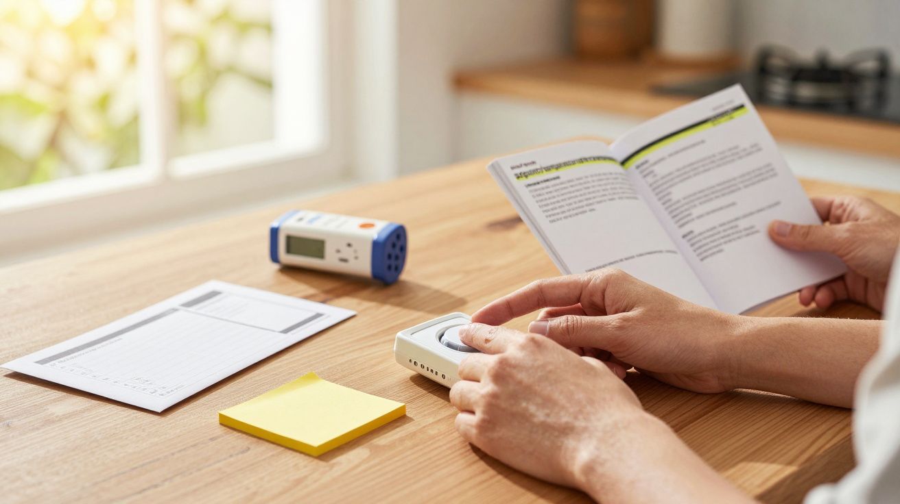 Pessoa lê manual ao lado de um dispositivo eletrônico e folhas de papel, sobre uma mesa de madeira clara.