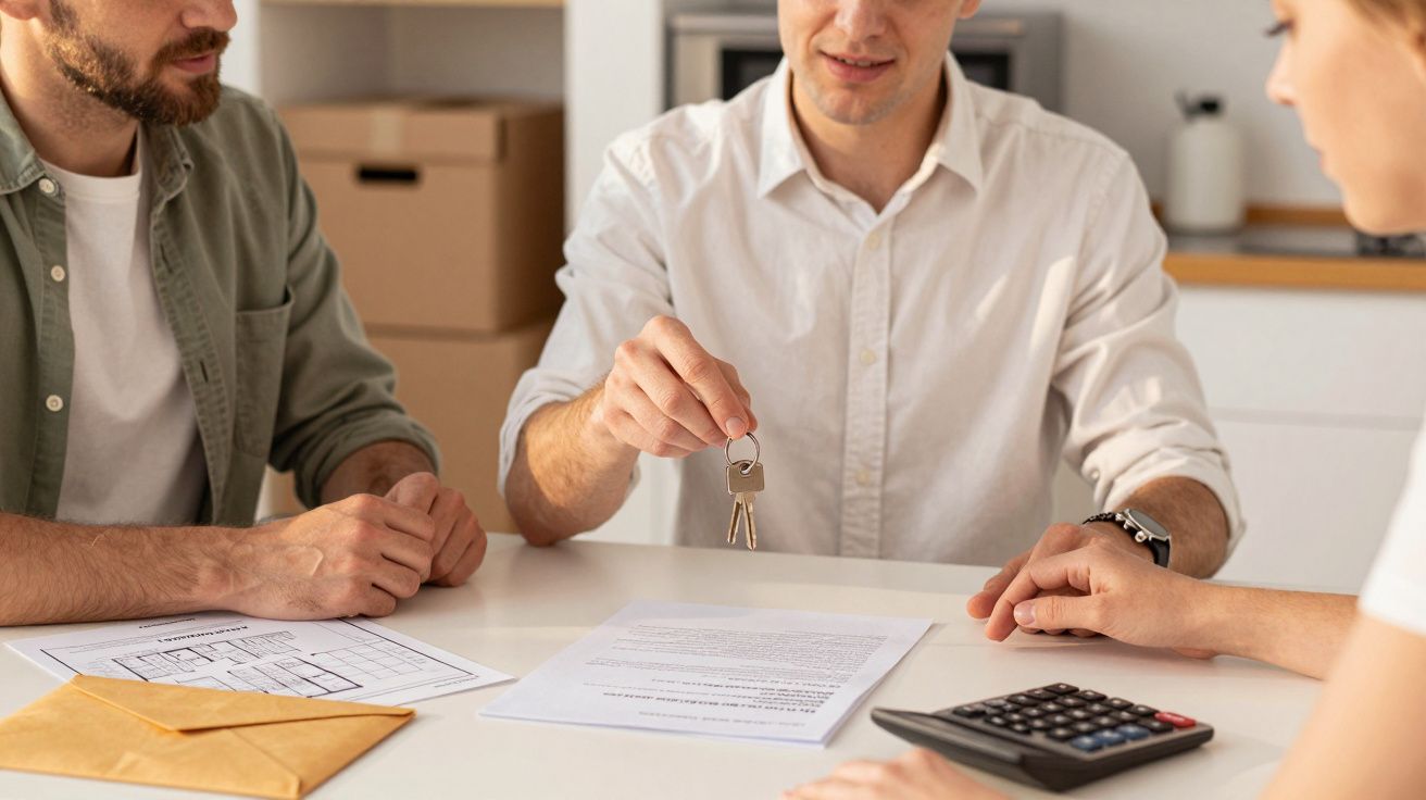 Três pessoas sentadas a uma mesa com papéis; um homem entrega chaves.