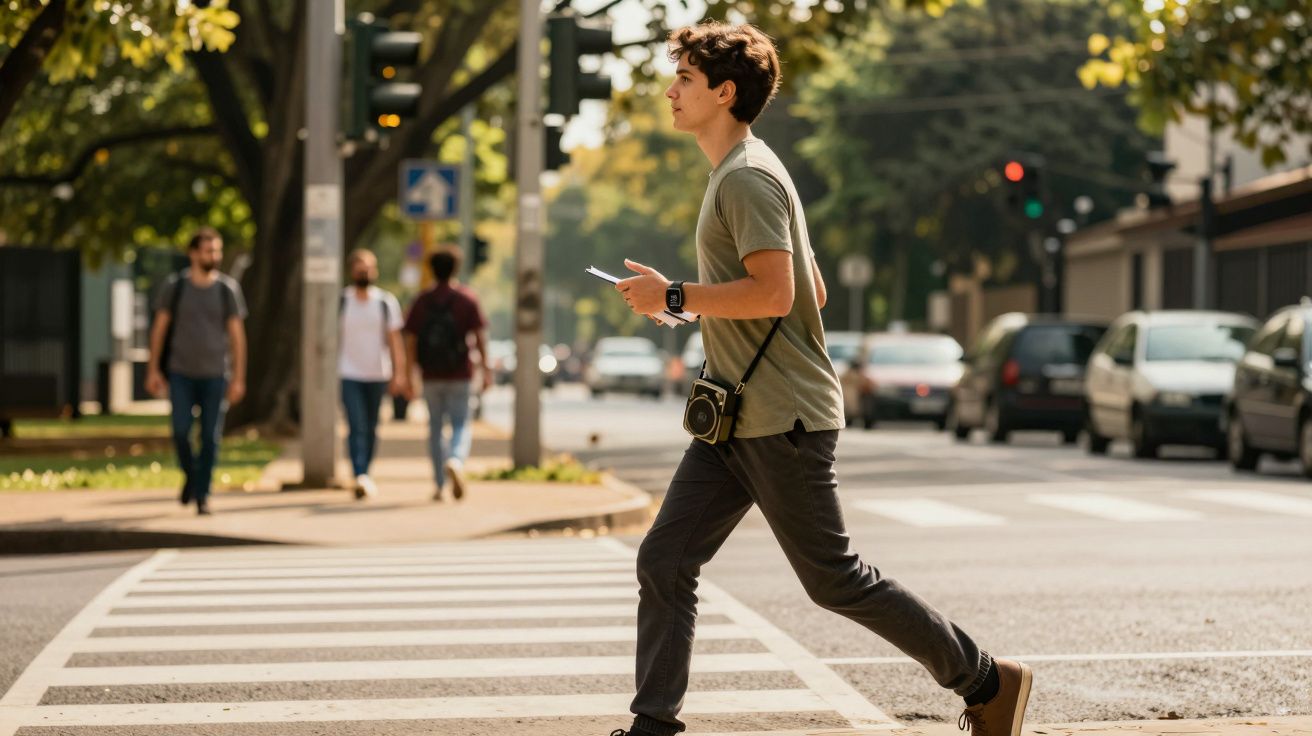 Jovem a atravessar passadeira numa cidade com tráfego, segurando um telemóvel e com câmara ao pescoço.
