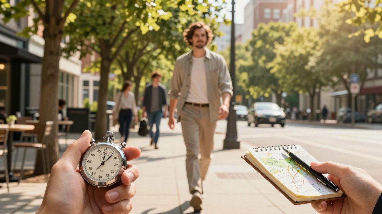 Pessoa segura cronómetro e bloco de notas em rua arborizada, com homem a caminhar ao fundo.