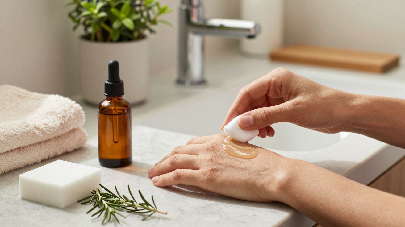 Mão aplica soro na outra mão em casa de banho com toalha, frasco âmbar, ramo de alecrim e esponja sobre a bancada.