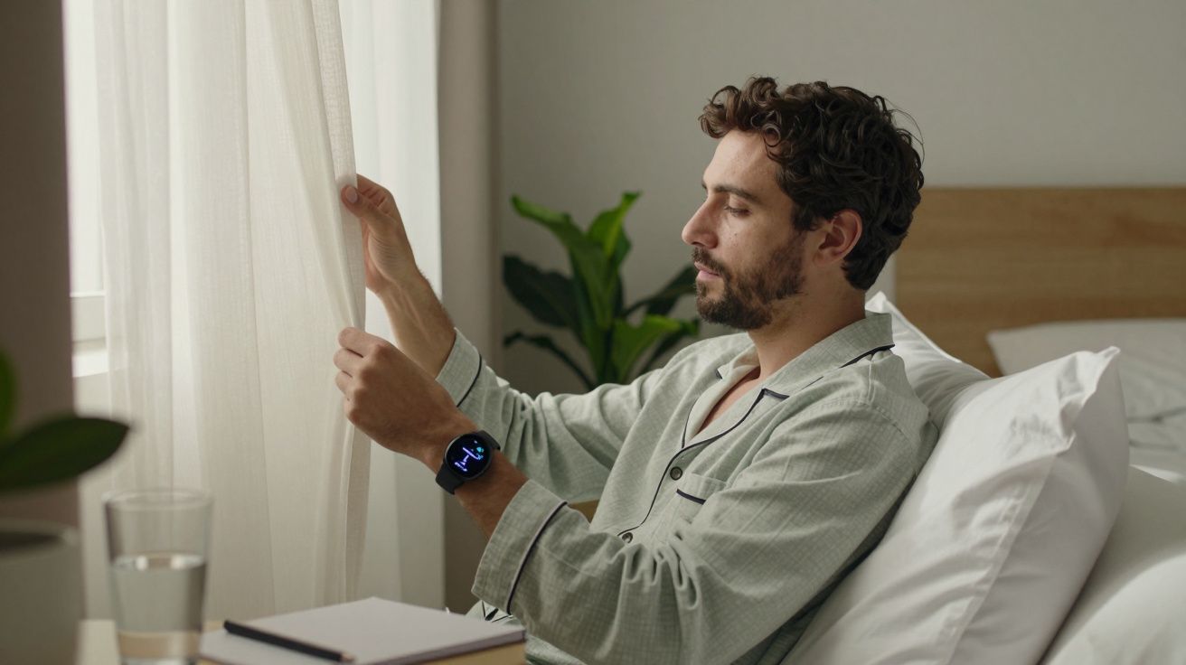 Homem de pijama sentado na cama, levantando cortinas e usando smartwatch.