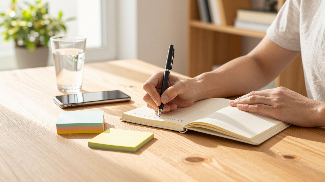 Pessoa escrevendo num caderno sobre uma mesa de madeira, com telemóvel, post-its e copo de água ao lado.