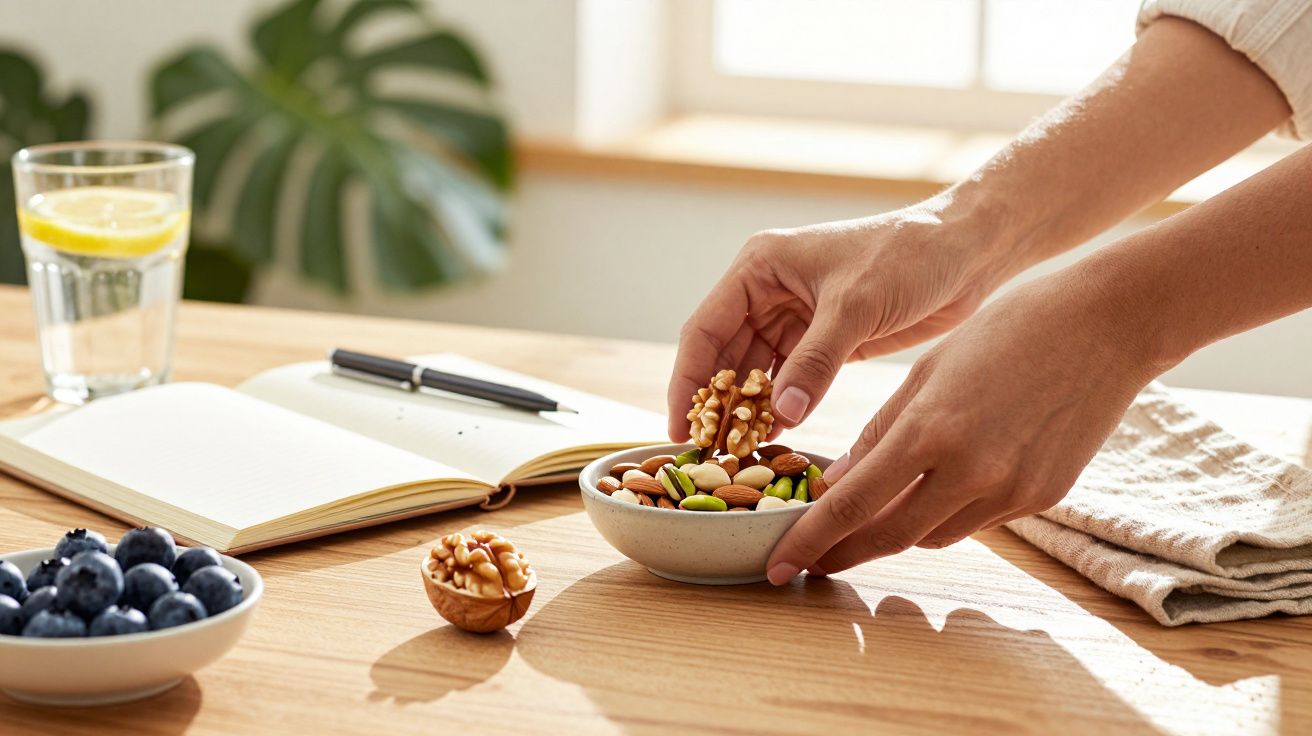 Mãos servindo frutos secos de uma tigela numa mesa com caderno, água com limão e mirtilos.