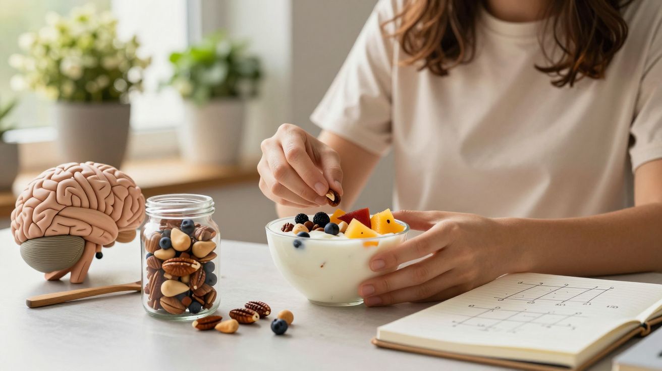 Pessoa a comer iogurte com frutas e nozes, jarro de nozes e modelo de cérebro na mesa ao lado de um livro de puzzles.