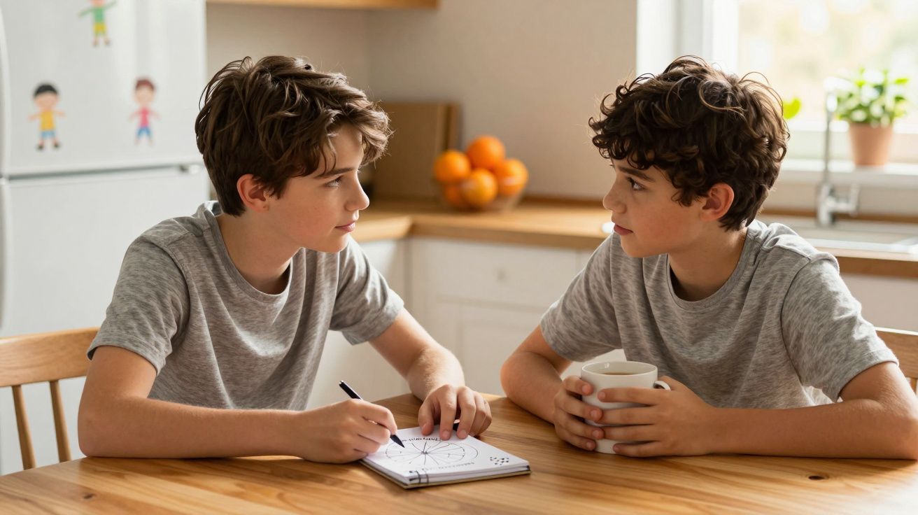 Dois rapazes sentados à mesa da cozinha. Um desenha num caderno e outro segura uma caneca.