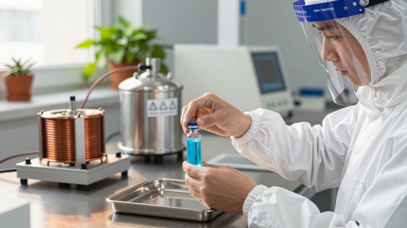 Cientista em laboratório segurando frasco com líquido azul, usando equipamento de proteção e rodeado de instrumentos científi