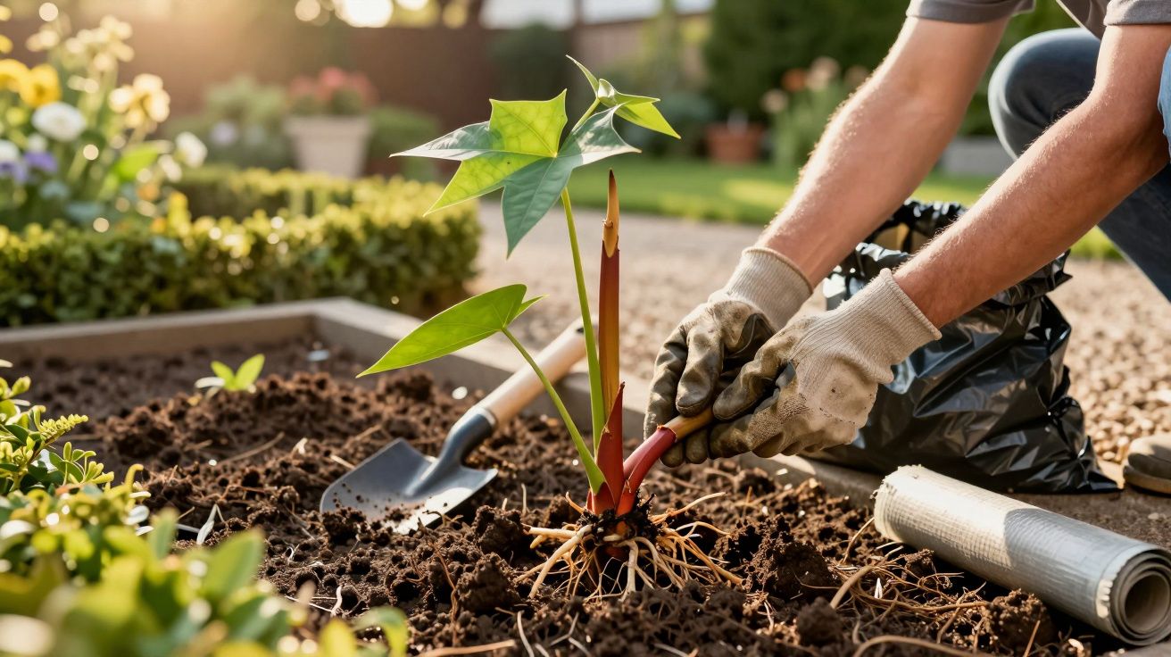 Pessoa a plantar uma muda num jardim, usando luvas e ferramentas, com solo e plantas ao fundo.