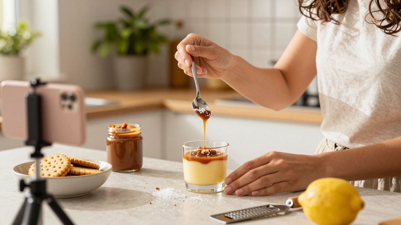 Pessoa a preparar sobremesa com caramelo, rodeada de bolachas e limão. Telefone em suporte capta a cena.