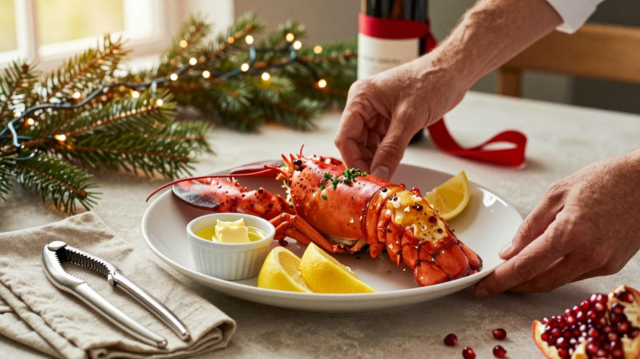 Lagosta decorada com rodelas de limão e manteiga num prato branco. Decoração natalícia ao fundo.