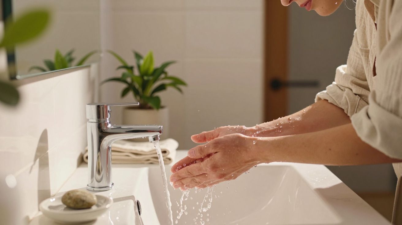 Pessoa a lavar as mãos numa casa de banho com plantas ao fundo.
