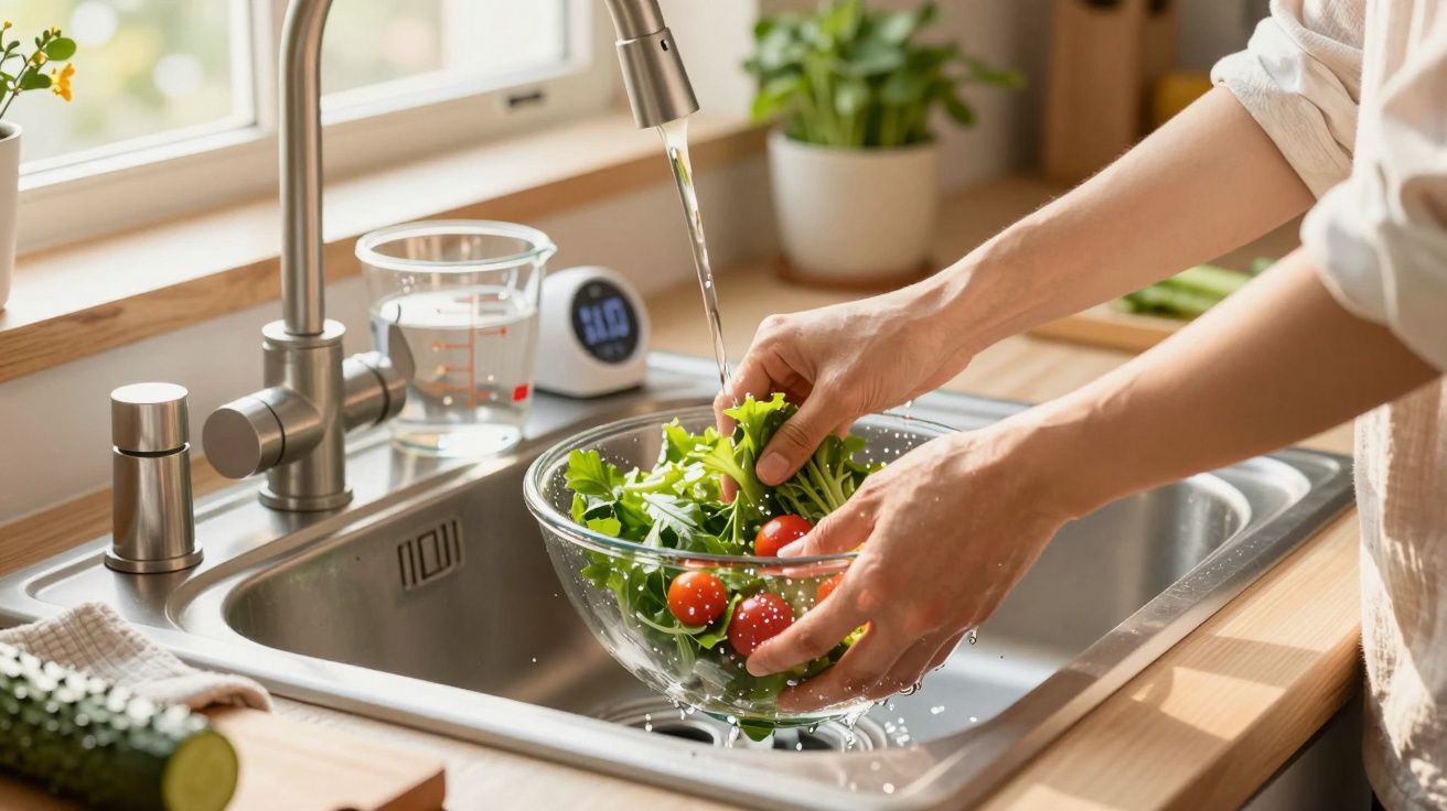 Pessoa a lavar salada e tomates numa taça de vidro na cozinha.