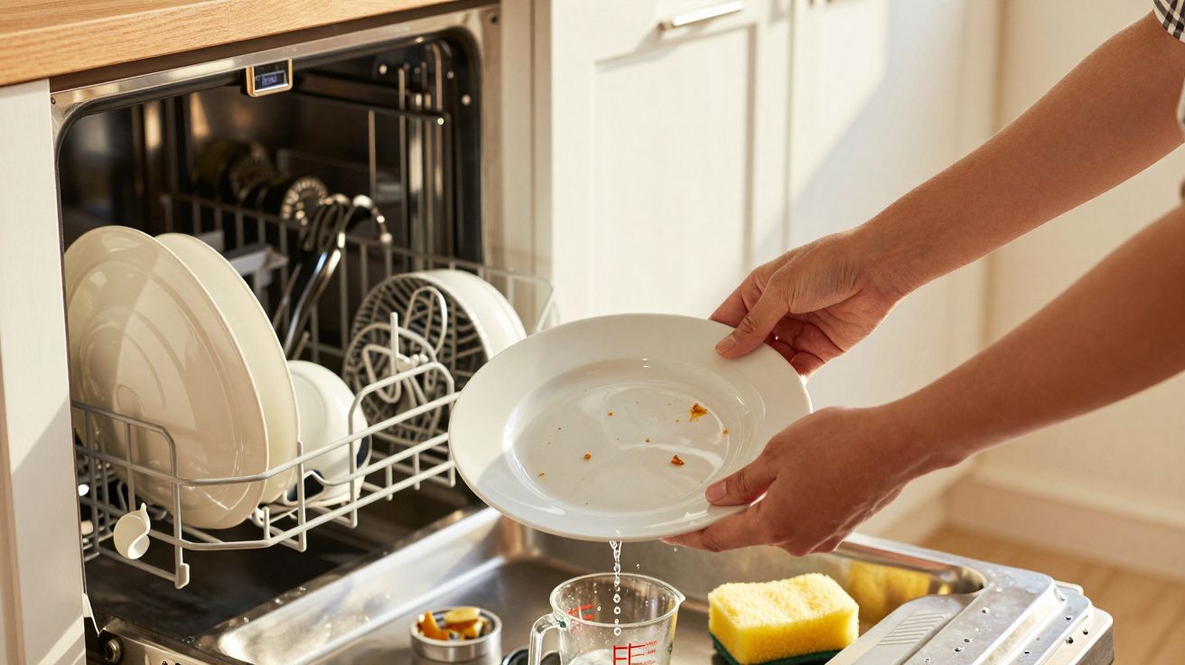 Pessoa a colocar prato sujo na máquina de lavar loiça, com esponja e copo medidor ao lado.