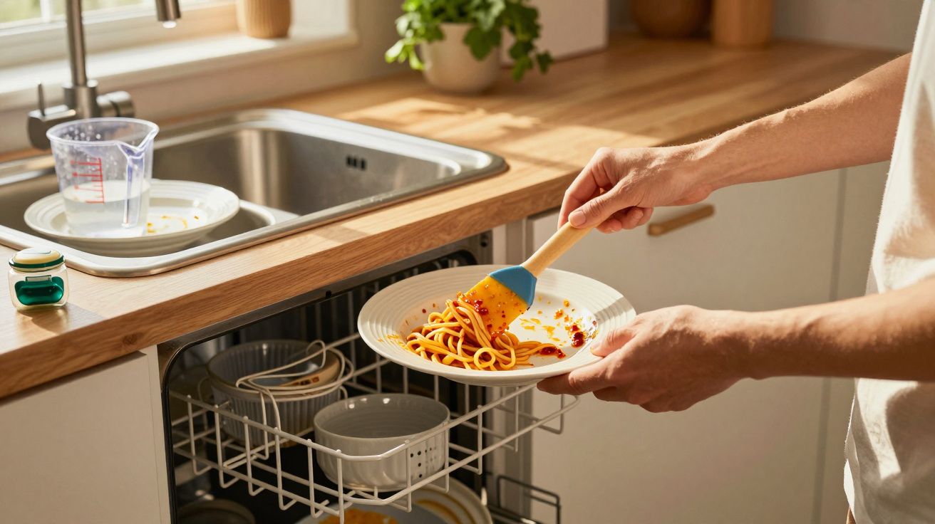 Pessoa a limpar prato com restos de massa antes de colocar na máquina de lavar loiça, numa cozinha ensolarada.