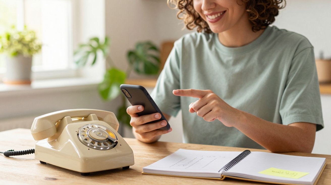Mulher sorridente usando smartphone à mesa com telefone antigo e caderno.