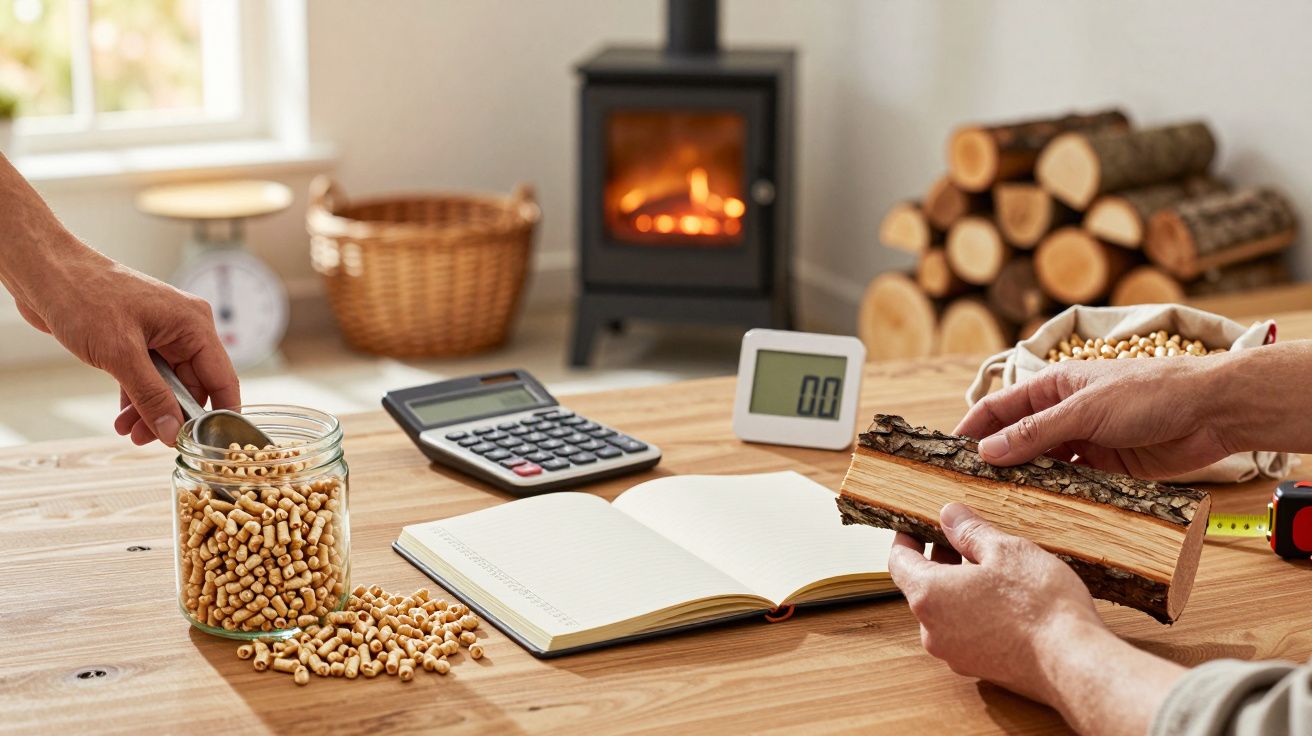 Duas pessoas analisam pellets e lenha numa mesa, com forno a lenha ao fundo e uma máquina de calcular ao lado.