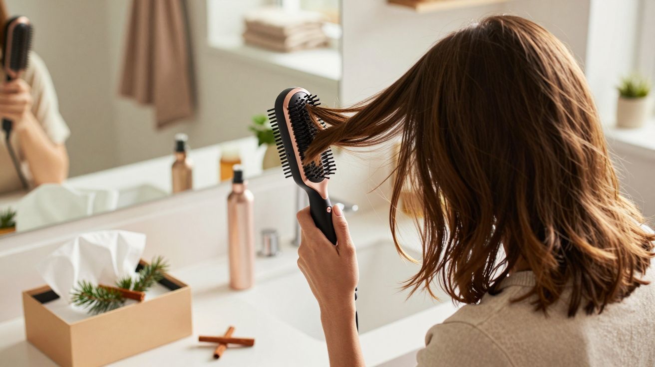 Mulher a alisar o cabelo com uma escova elétrica em frente ao espelho numa casa de banho.