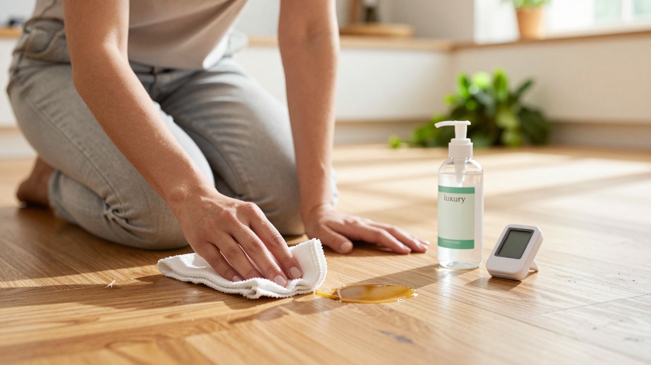 Pessoa limpa chão de madeira com pano branco; ao lado, frasco de líquido e medidor digital.