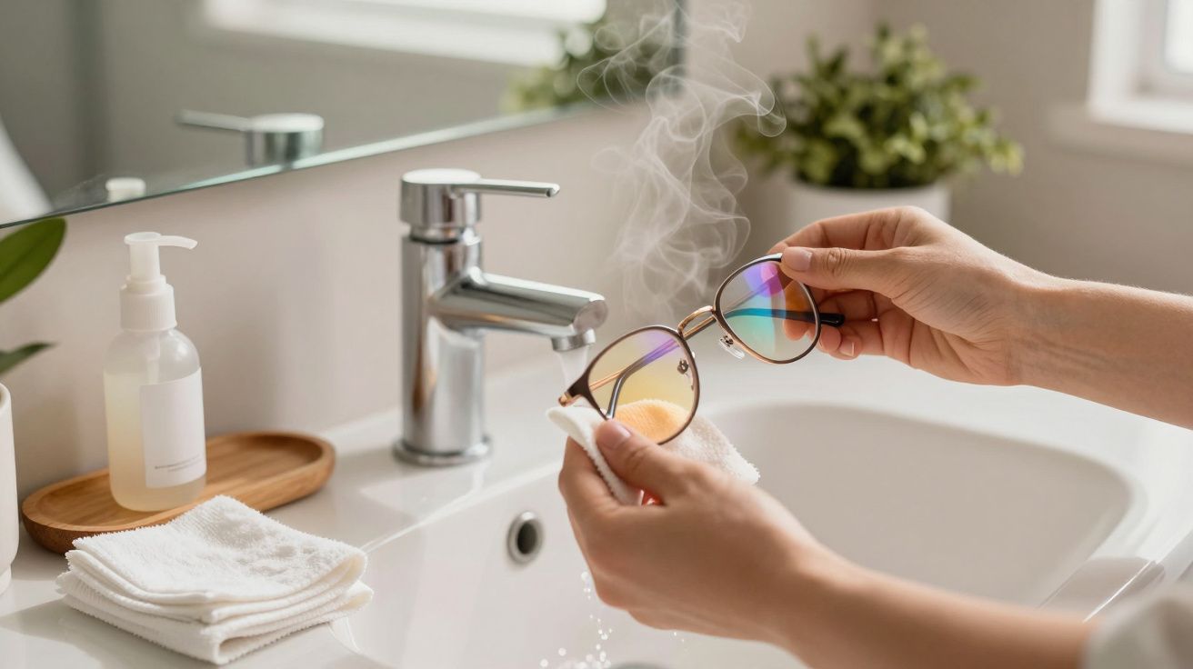 Mãos a limpar óculos com pano branco junto a uma torneira, com vapor e produtos de limpeza ao lado.