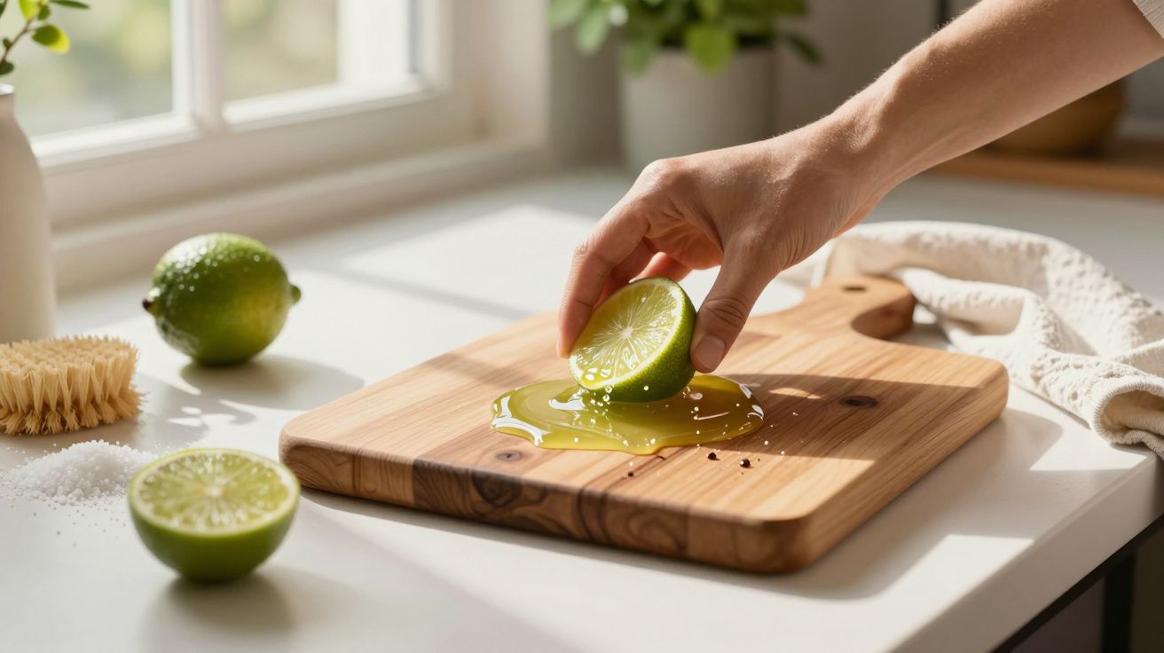 Mão a espremer lima sobre uma tábua de madeira numa cozinha iluminada pelo sol.