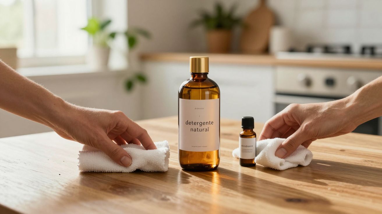 Mãos limpam uma superfície de madeira com frascos de detergente natural e óleo essencial num ambiente de cozinha moderna.